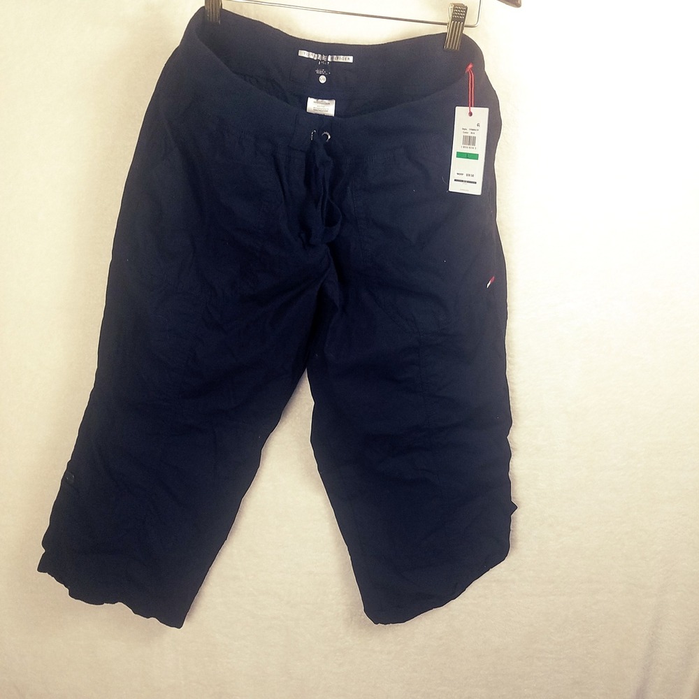 Tommy Hilfiger Capri Pants Womens L Navy NEW Sport Cropped Roll Tab Cotton